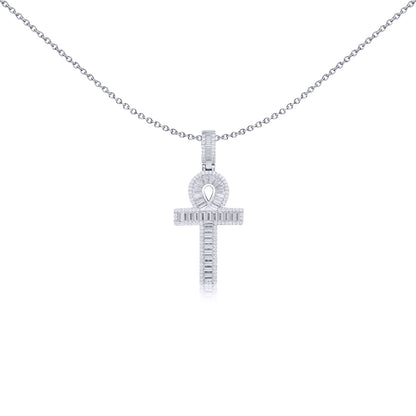 Silver  White Baguette CZ Encrusted Ankh Cross Pendant - APX047