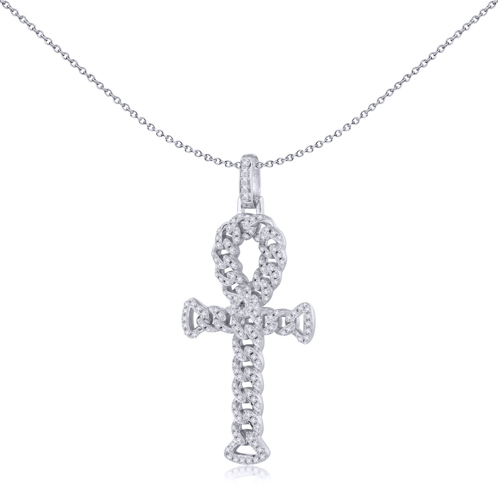 Unisex Silver  Round CZ Encrusted Curb Link Ankh Cross Pendant - APX048