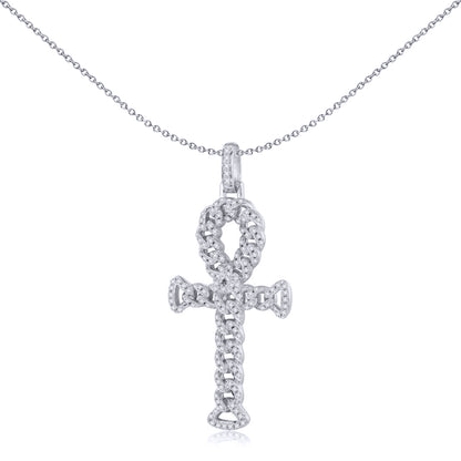 Unisex Silver  Round CZ Encrusted Curb Link Ankh Cross Pendant - APX048