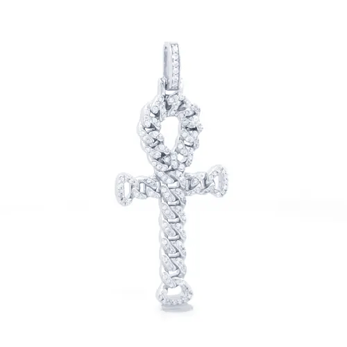 Unisex Silver  Round CZ Encrusted Curb Link Ankh Cross Pendant - APX048