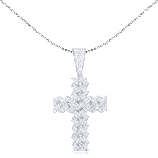 Unisex Silver  Round CZ Encrusted Zig Zac Curb Link Cross Pendant - APX049