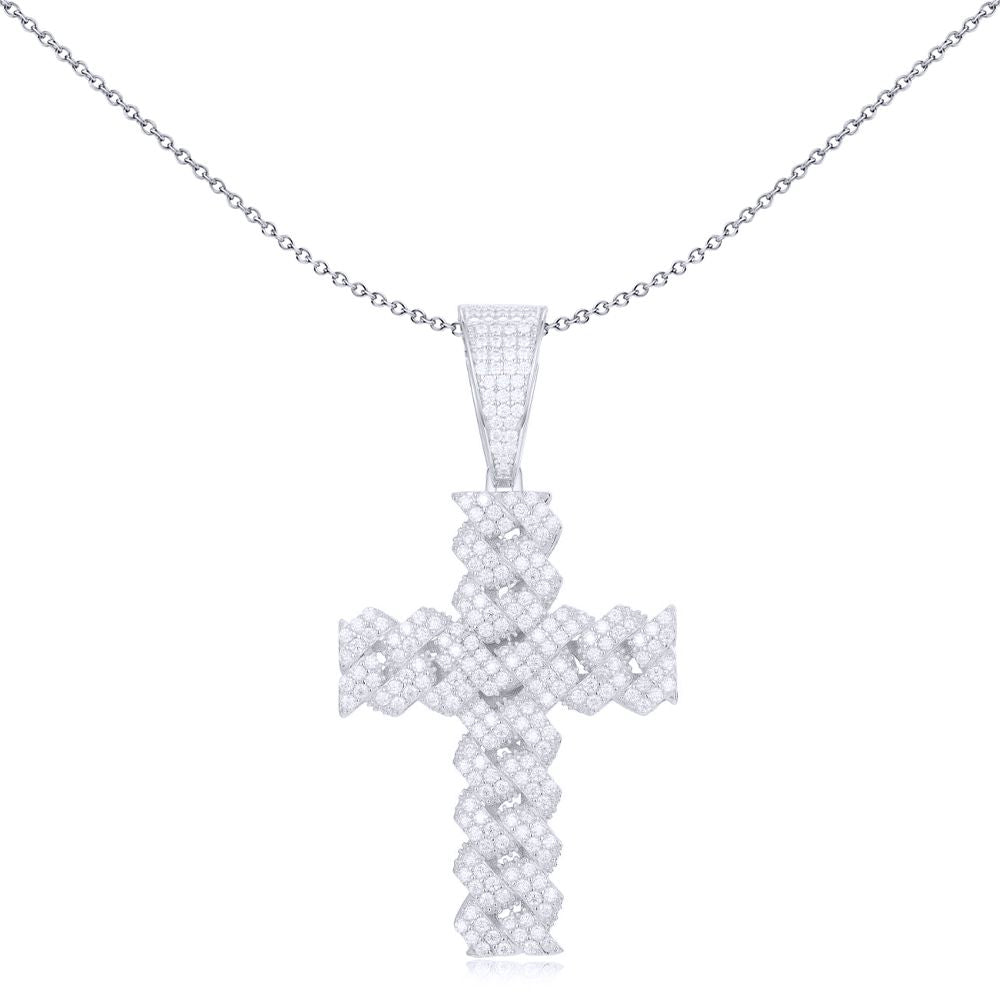 Unisex Silver  Round CZ Encrusted Zig Zac Curb Link Cross Pendant - APX049