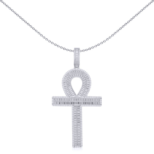 Unisex Silver  Baguette CZ Encrusted Ribbed Ankh Cross Pendant - APX051