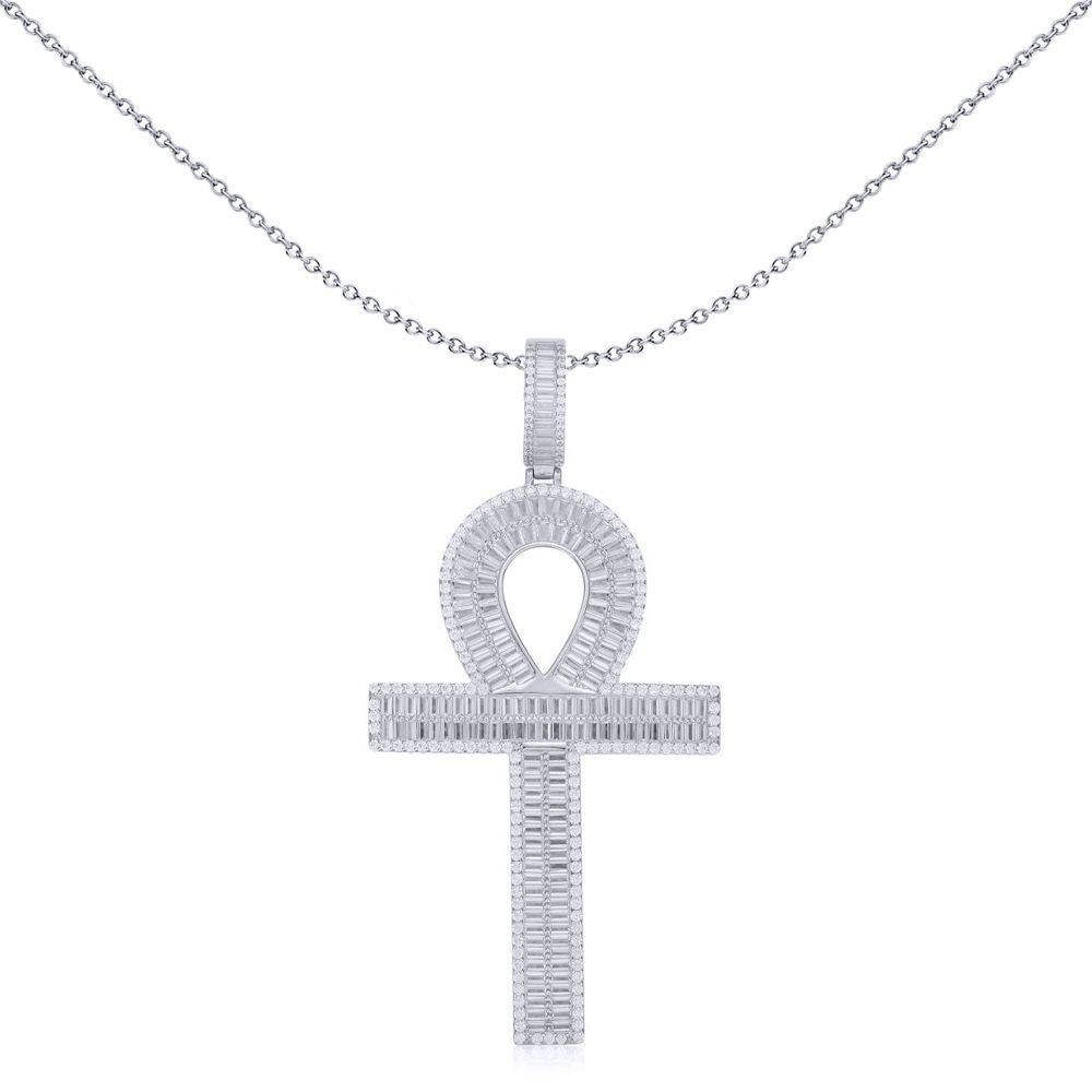 Unisex Silver  Baguette CZ Encrusted Ribbed Ankh Cross Pendant - APX051