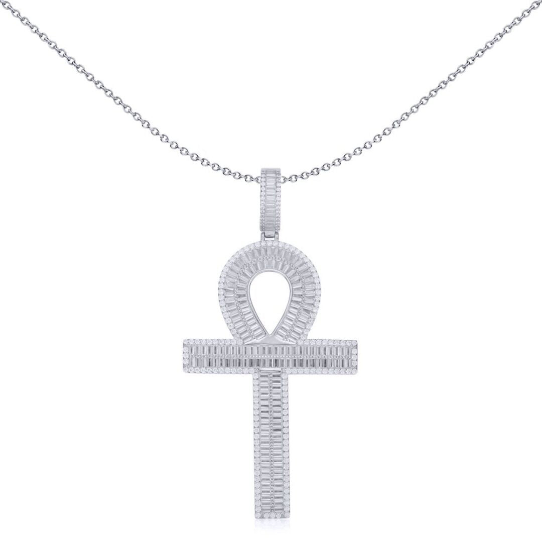 Unisex Silver  Baguette CZ Encrusted Ribbed Ankh Cross Pendant - APX051