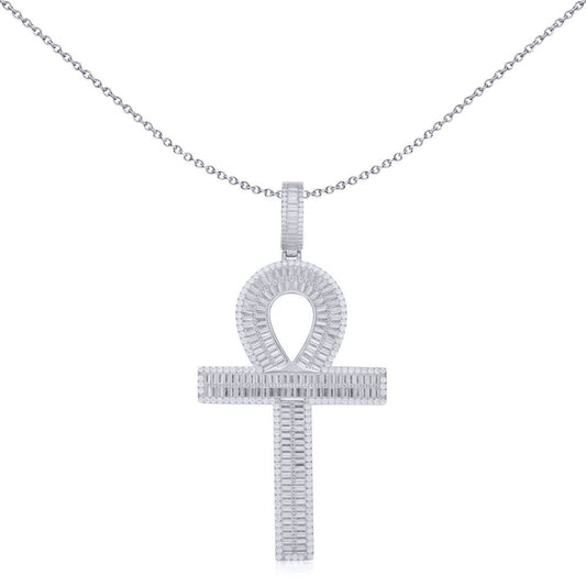 Unisex Silver  Baguette CZ Encrusted Ribbed Ankh Cross Pendant - APX051