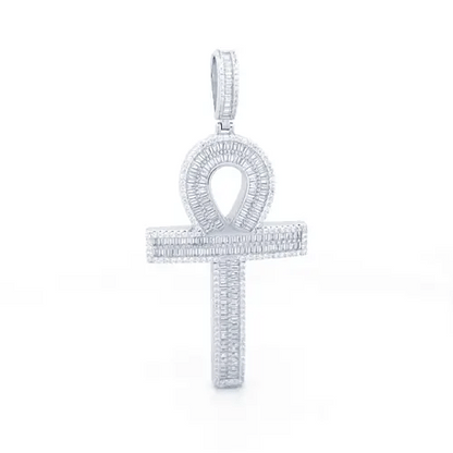 Unisex Silver  Baguette CZ Encrusted Ribbed Ankh Cross Pendant - APX051