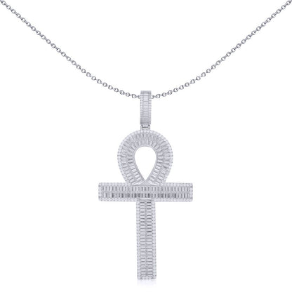 Unisex Silver  Baguette CZ Encrusted Ribbed Ankh Cross Pendant - APX051
