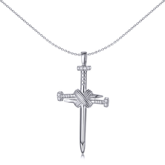 Unisex Silver  Wood Nail Offset Square Knot Cross Pendant - APX052