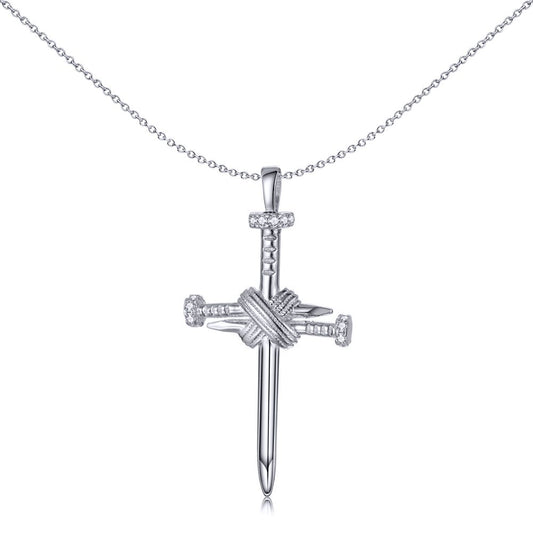 Unisex Silver  Wood Nail Offset Square Knot Cross Pendant - APX052