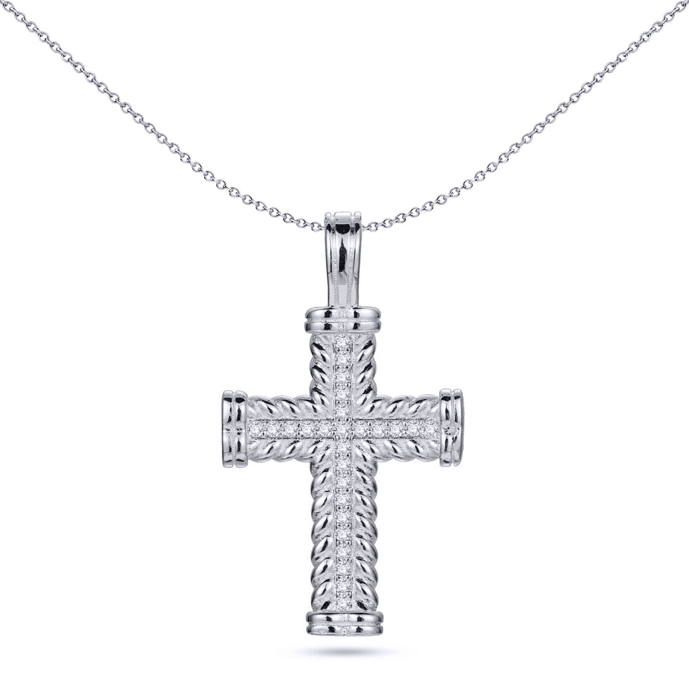 Unisex Silver  Round CZ Rope Edge Collared Cross Pendant - APX053