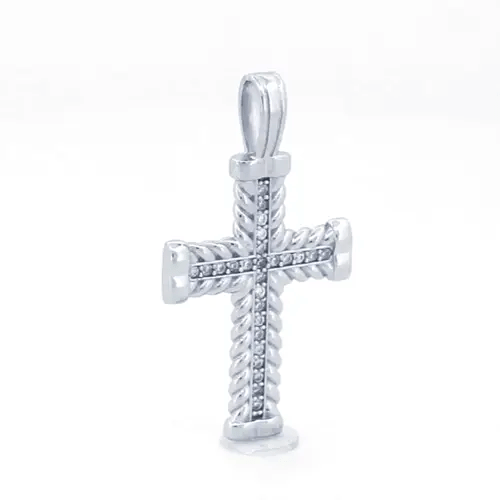 Unisex Silver  Round CZ Rope Edge Collared Cross Pendant - APX053