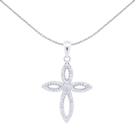 Unisex Silver  Round CZ Fleur De Lis Marquise Cross Pendant - APX054