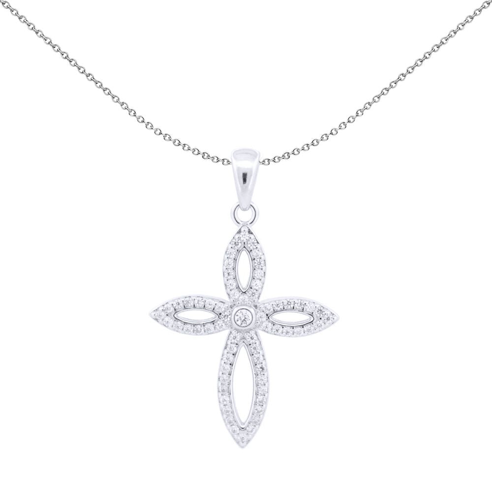 Unisex Silver  Round CZ Fleur De Lis Marquise Cross Pendant - APX054