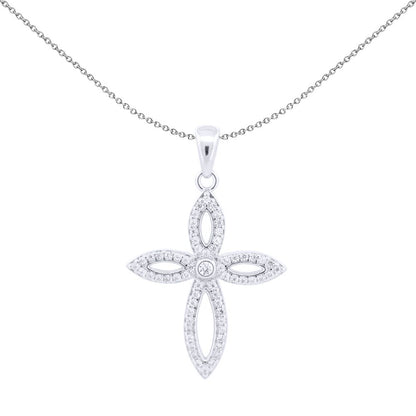 Unisex Silver  Round CZ Fleur De Lis Marquise Cross Pendant - APX054