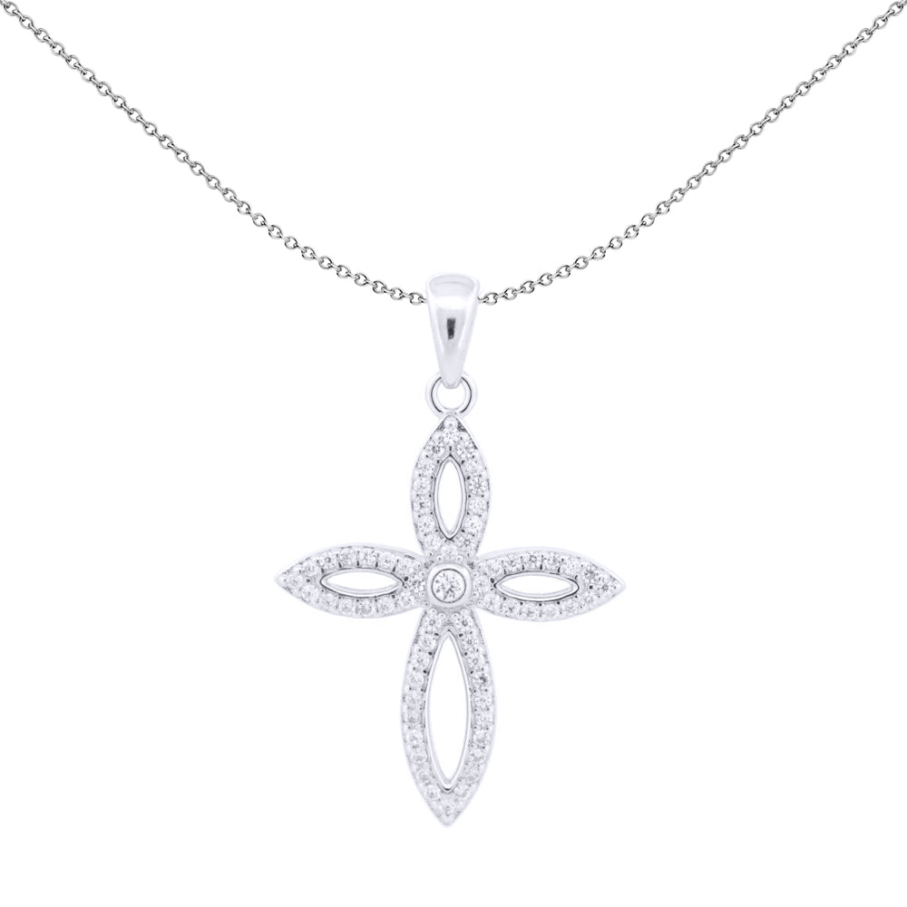 Unisex Silver  Round CZ Fleur De Lis Marquise Cross Pendant - APX054