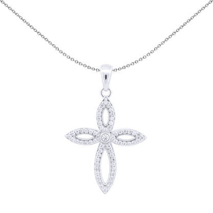 Unisex Silver  Round CZ Fleur De Lis Marquise Cross Pendant - APX054