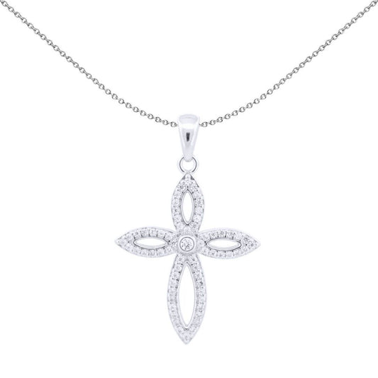 Unisex Silver  Round CZ Fleur De Lis Marquise Cross Pendant - APX054