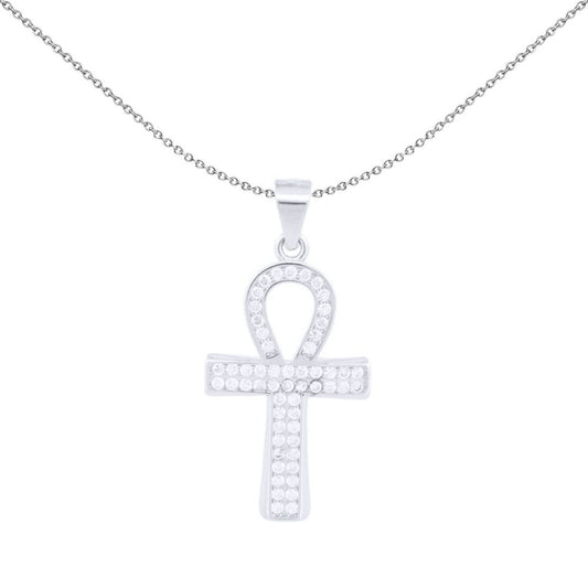 Unisex Silver  Round CZ Encrusted Ankh Cross Pendant - APX055
