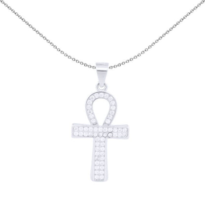 Unisex Silver  Round CZ Encrusted Ankh Cross Pendant - APX055