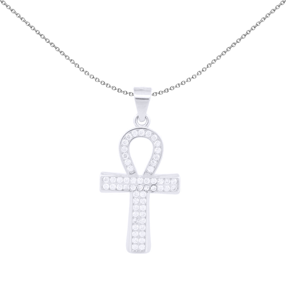 Unisex Silver  Round CZ Encrusted Ankh Cross Pendant - APX055