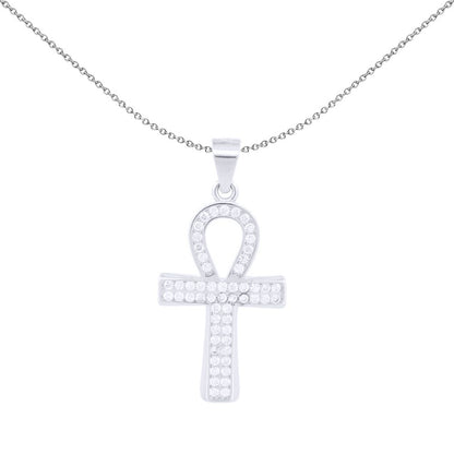 Unisex Silver  Round CZ Encrusted Ankh Cross Pendant - APX055