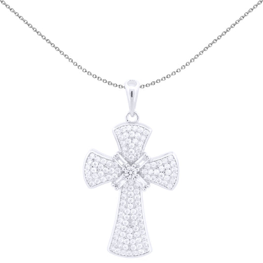 Unisex Silver  White Baguette CZ Encrusted Byzantine Cross Pendant - APX056