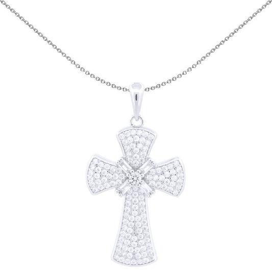 Unisex Silver  White Baguette CZ Encrusted Byzantine Cross Pendant - APX056
