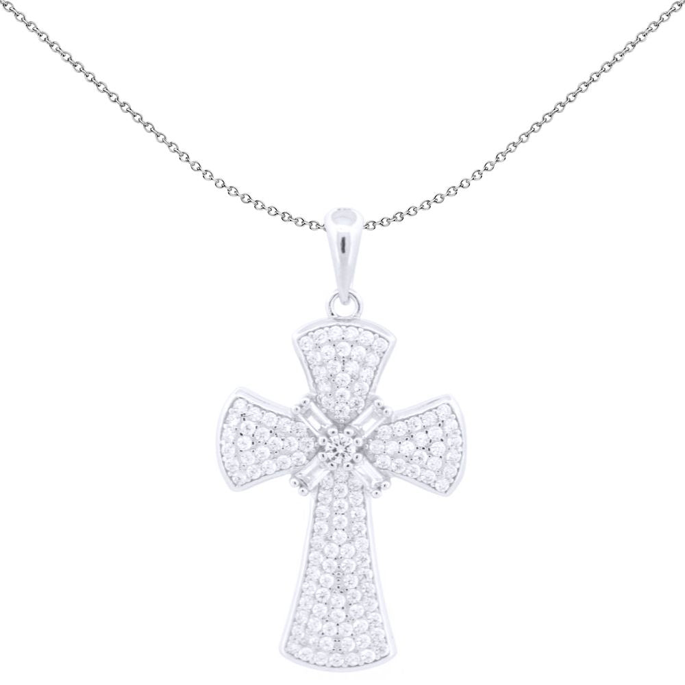Unisex Silver  White Baguette CZ Encrusted Byzantine Cross Pendant - APX056