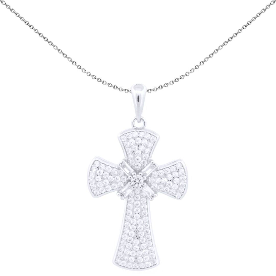 Unisex Silver  White Baguette CZ Encrusted Byzantine Cross Pendant - APX056