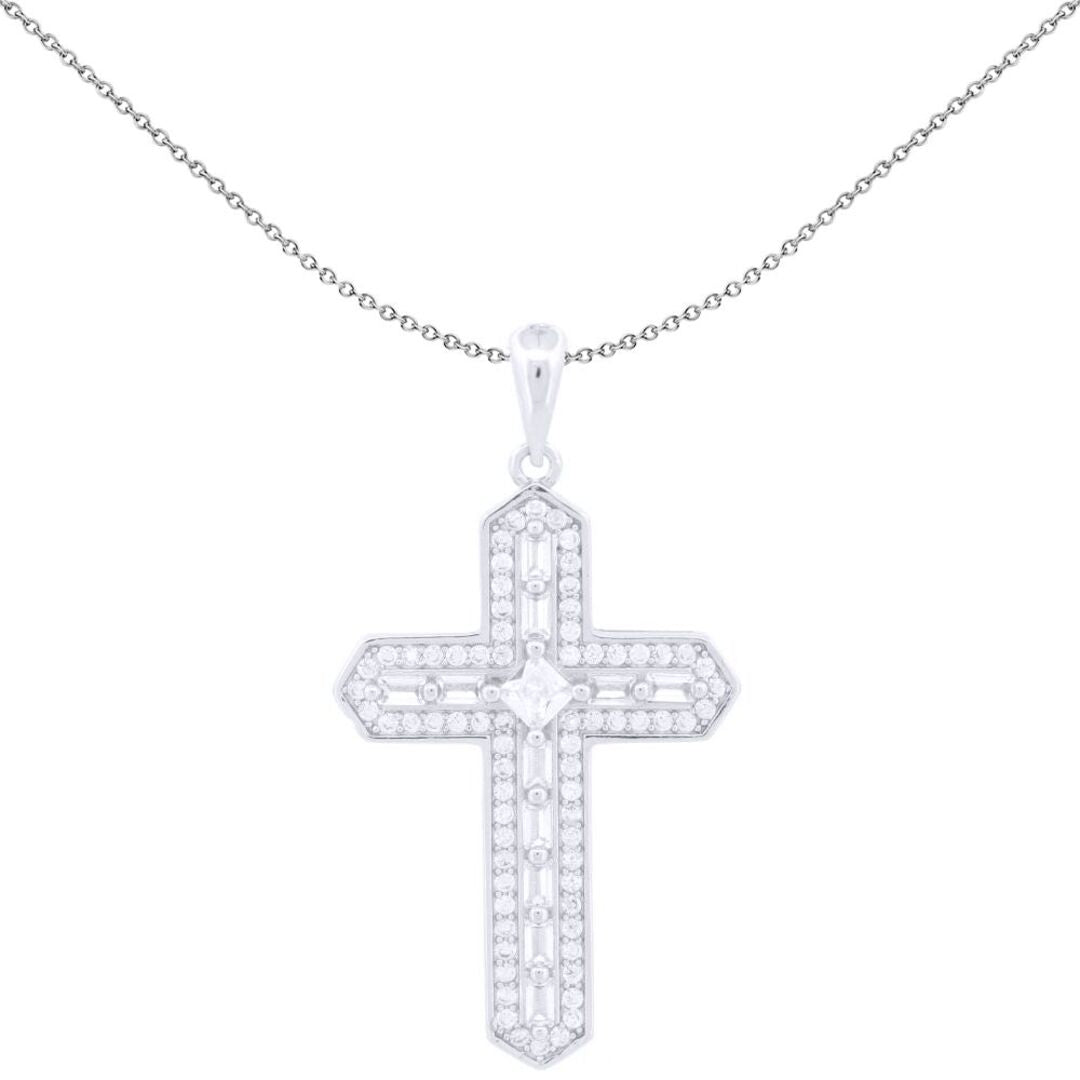 Unisex Silver  Princess CZ Ancrusted Arrowhead Cross Pendant - APX057