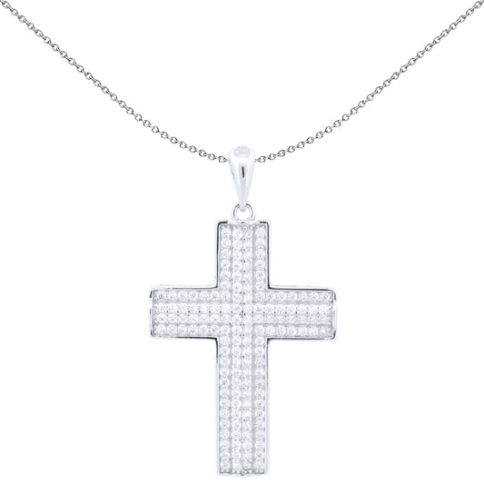 Unisex Silver  Round CZ Encrusted Block Latin Cross Pendant - APX058