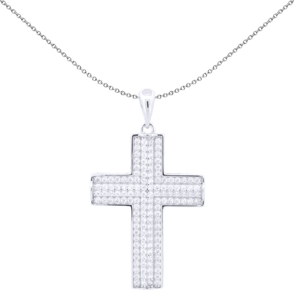 Unisex Silver  Round CZ Encrusted Block Latin Cross Pendant - APX058