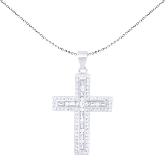 Unisex Silver  White Baguette CZ Encrusted Latin Cross Pendant - APX059