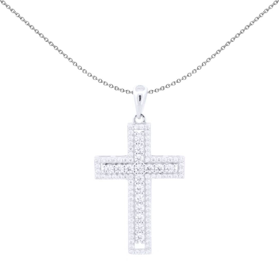Unisex Silver  Round CZ Encrusted Latin Cross Pendant - APX060