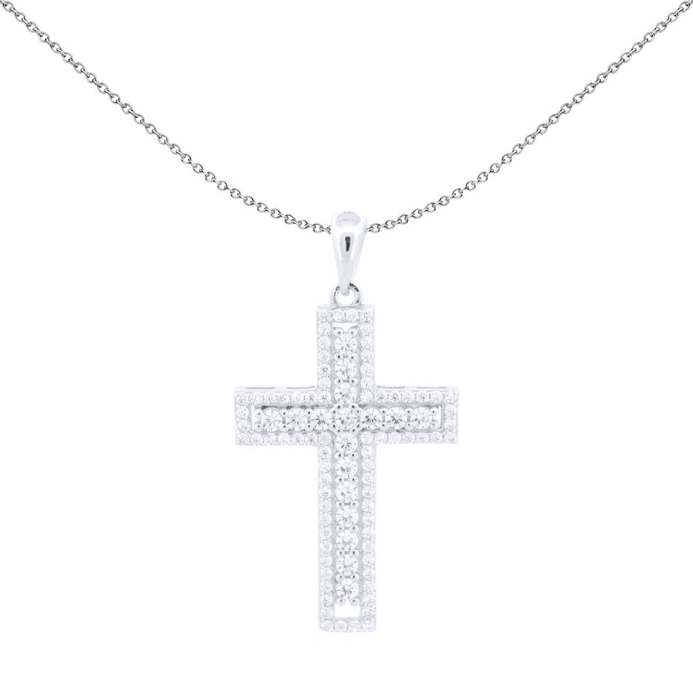 Unisex Silver  Round CZ Encrusted Latin Cross Pendant - APX060