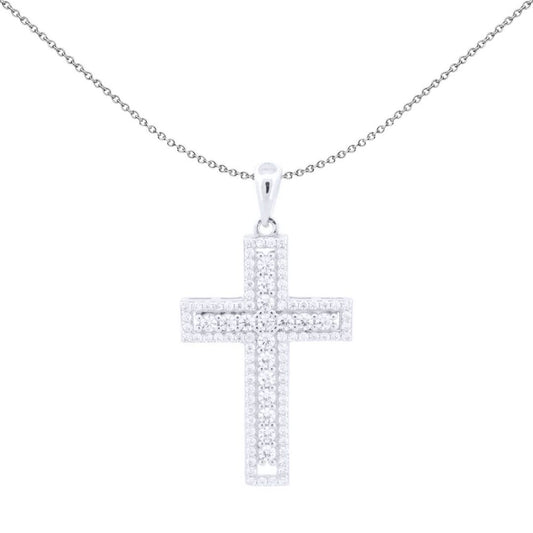 Unisex Silver  Round CZ Encrusted Latin Cross Pendant - APX060