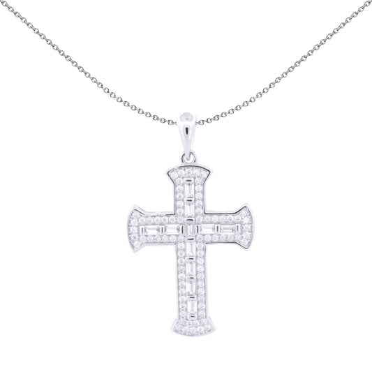 Unisex Silver  Baguette CZ Encrusted Fan End Latin Cross Pendant - APX061