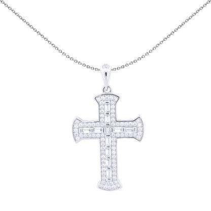 Unisex Silver  Baguette CZ Encrusted Fan End Latin Cross Pendant - APX061