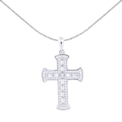 Unisex Silver  Baguette CZ Encrusted Fan End Latin Cross Pendant - APX061