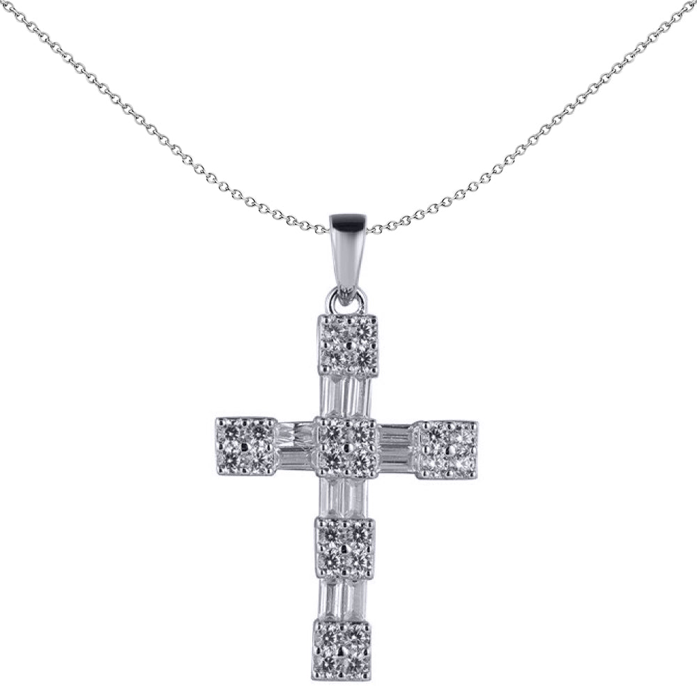 Unisex Silver  Baguette CZ Encrusted Station Block Cross Pendant - APX062