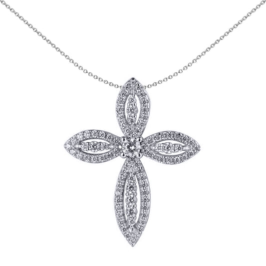 Unisex Silver  Round CZ Fleur De Lis Marquise Cross Pendant - APX063