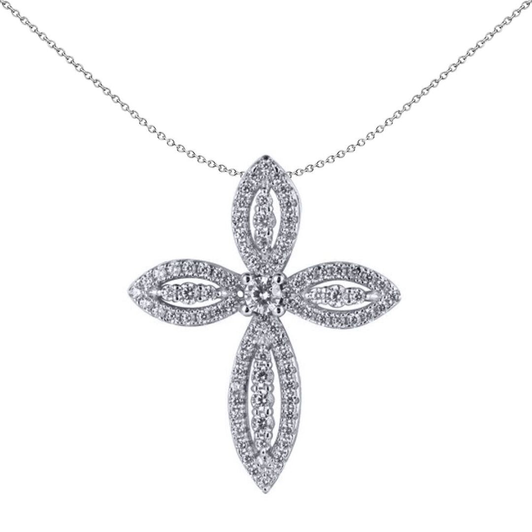 Unisex Silver  Round CZ Fleur De Lis Marquise Cross Pendant - APX063