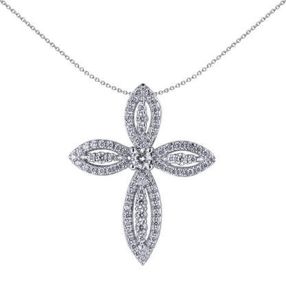 Unisex Silver  Round CZ Fleur De Lis Marquise Cross Pendant - APX063