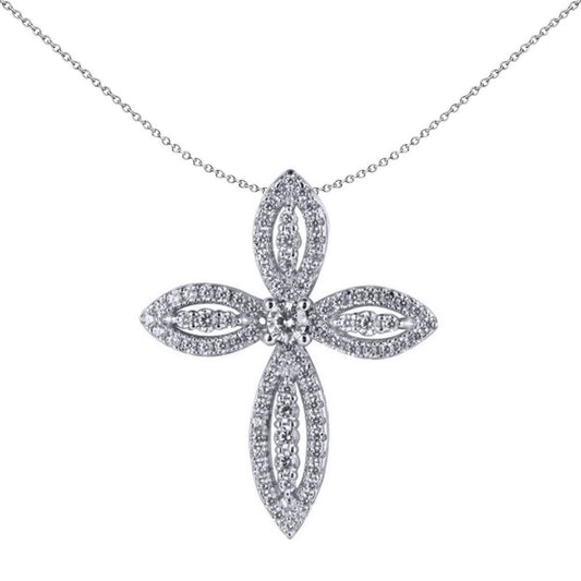 Unisex Silver  Round CZ Fleur De Lis Marquise Cross Pendant - APX063