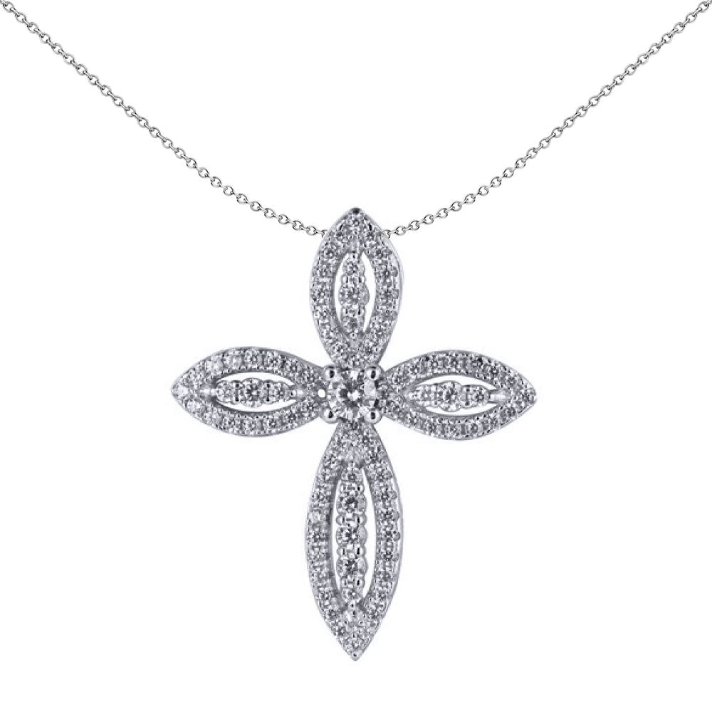 Unisex Silver  Round CZ Fleur De Lis Marquise Cross Pendant - APX063