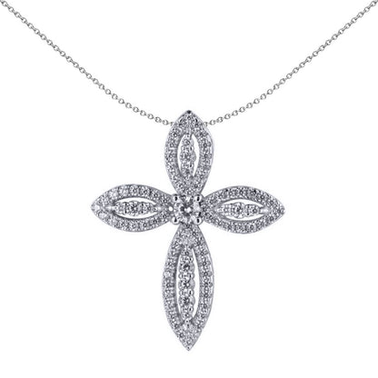 Unisex Silver  Round CZ Fleur De Lis Marquise Cross Pendant - APX063