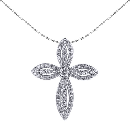 Unisex Silver  Round CZ Fleur De Lis Marquise Cross Pendant - APX063