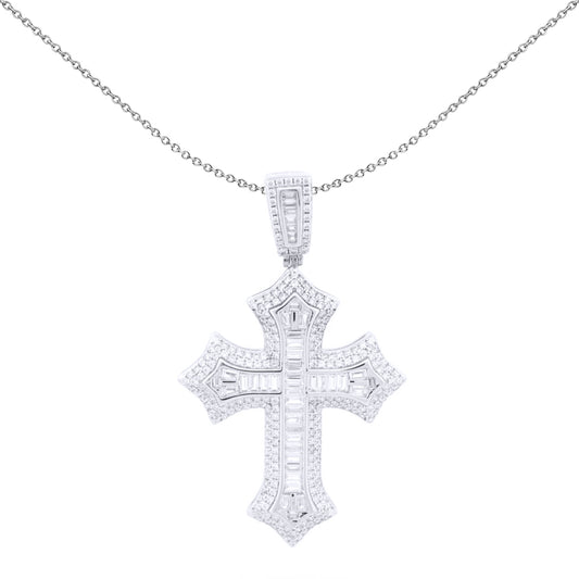 Unisex Silver  Baguette CZ Spiked Fleur Arrowhead Cross Pendant - APX064