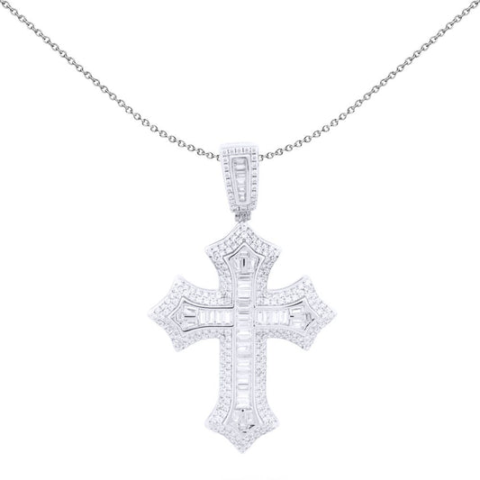 Unisex Silver  Baguette CZ Spiked Fleur Arrowhead Cross Pendant - APX064